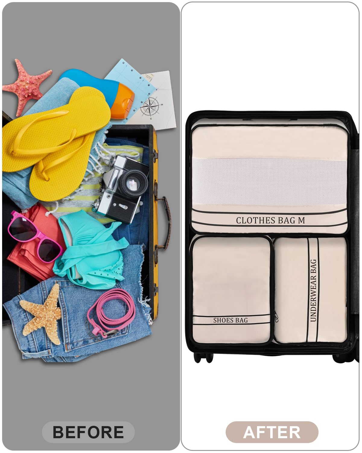 Ougrand 9 Set Packing Cubes Luggage Packing Organizers for Travel Accessories Space Saving Travel Bags for Carry On, Lightweight Mesh Zipper, Clothes, Shoes, Laundry and Shoe Bag, Suitcases (Cream)