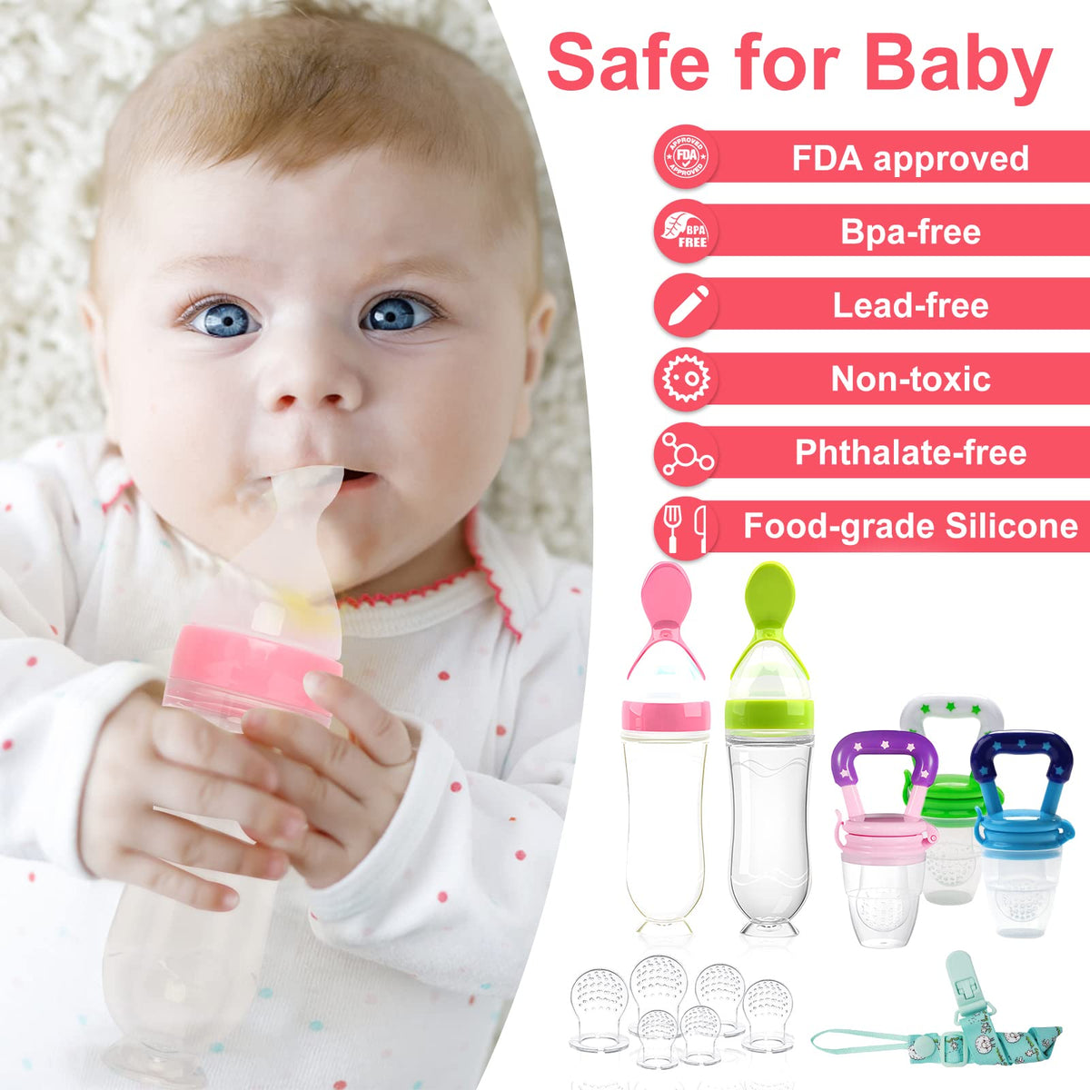 Food Feeder Baby Fruit Feeder Pacifier (3 Pcs) with 6 Different Sized Silicone Pacifiers 2 PCS Silicone Baby Food Dispensing Spoon 90ML with Infants Spoons Pacifier Clip Infant Fruit Teething Toy-Pink