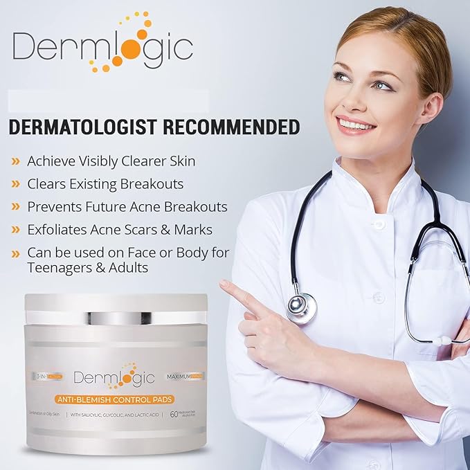 Acne Treatment Pads- Contains Salicylic, Glycolic, & Lactic Acid for Face & Body. Clears Away Clogged Pores, Oily Skin & Cystic Breakouts. Removes Dark Spots, Blackhead & Whitehead Pimples