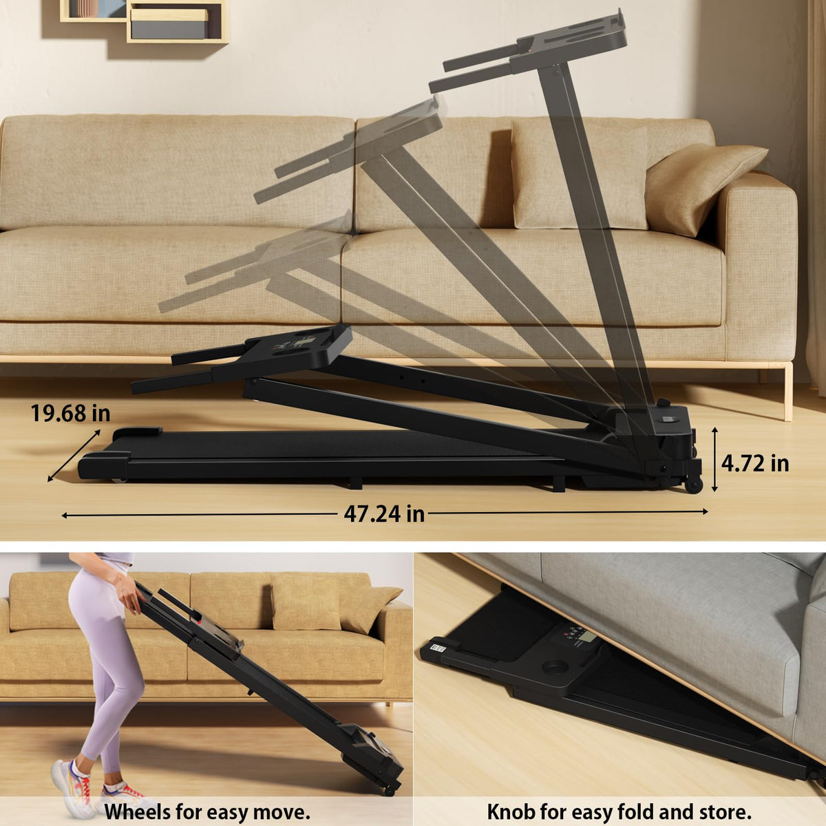 AoraPulse Portable Treadmills for Home, 3.0HP Folding Walking Small Treadmill with 300 LBS Capacity, Foldable Running Exercise Electric Compact Treadmill with LED Display