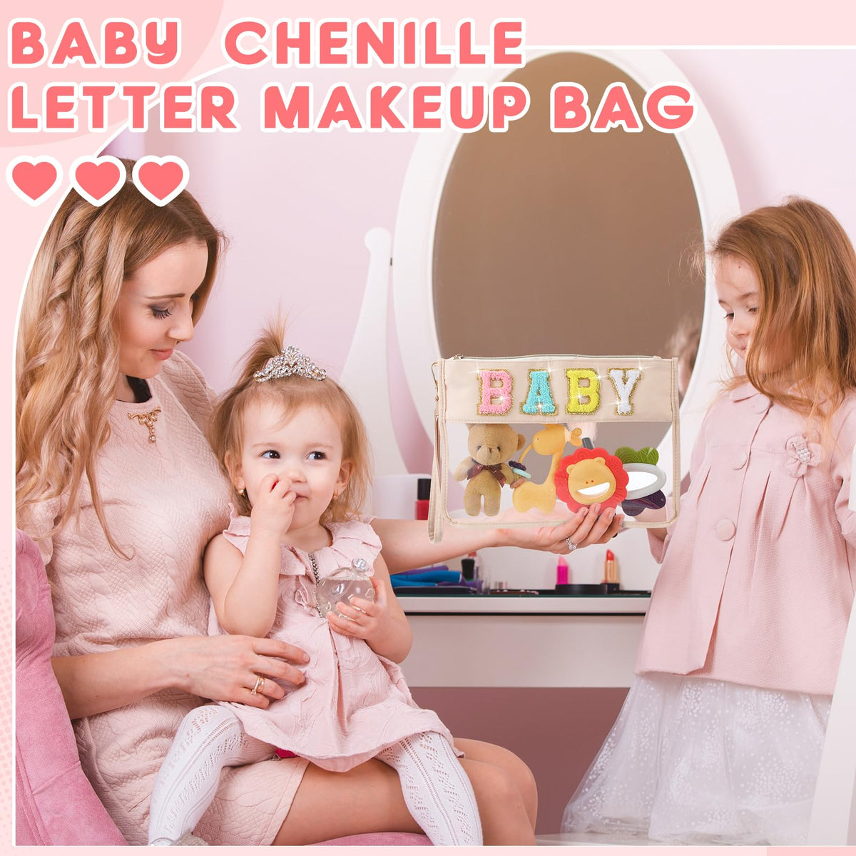 Hillban 2 Pcs Baby Bag Set Chenille Letter Bags Preppy Patch Makeup Pouch Baby Travel Pouch Waterproof Portable Toiletry Storage for Women Mom