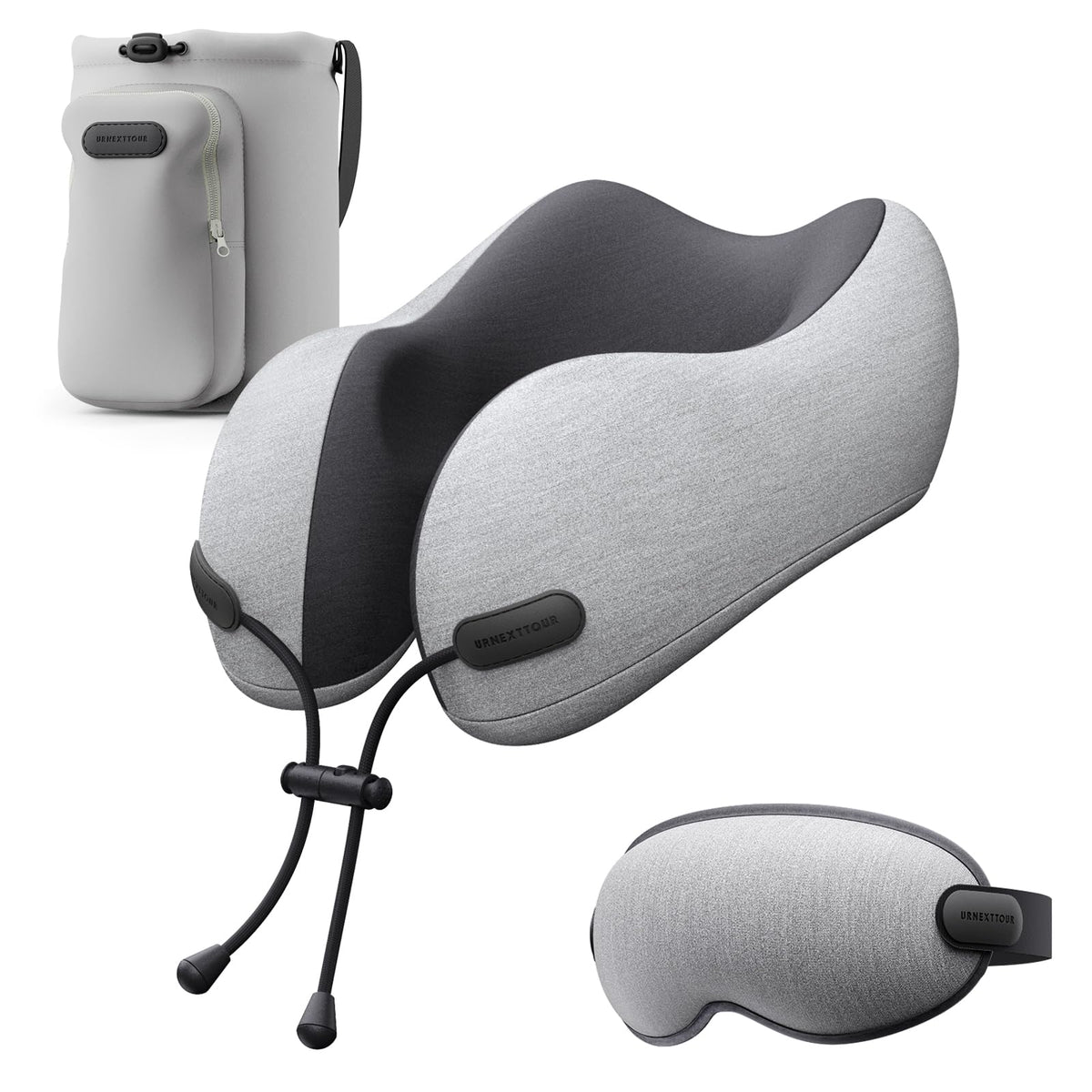 urnexttour Neck Pillow for Travel Memory Foam Design Models Pillows with Zero Eye Pressure 3D Eye Mask and Compact Bag Traveling Essentials Plane Car Flight Rest Sleeping Use Adult, Light Gray