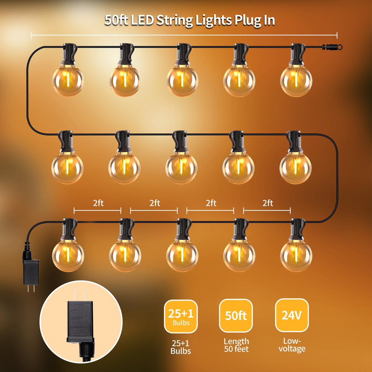 SANBEN 50ft LED String Lights with Remote, 25+1Bulbs Dimmable Patio Lights Outdoor, 24V Waterproof Plug, G40 Hanging Light for Outside Deck Garden Backyard Porch Party Decor