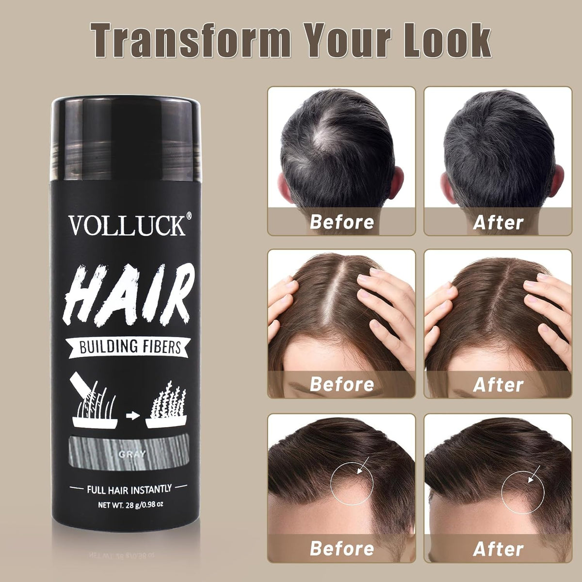VOLLUCK Hair Fibers for Thinning Hair, Instant Coverage Hair Building Fibers for Women and men, Natural Hair Powder for Conceal Hair Loss 28 g (Gray)