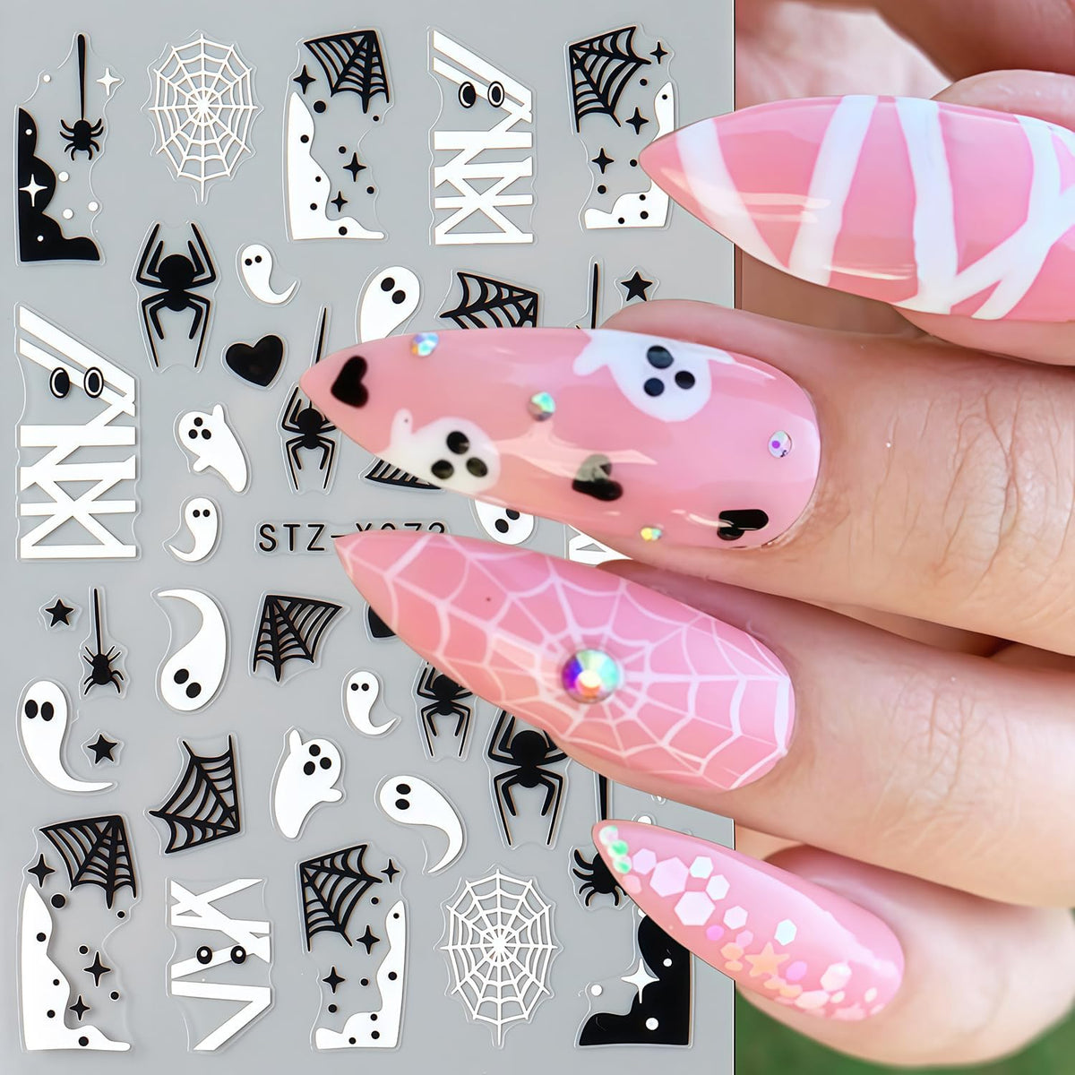 6 Sheets Halloween Nail Stickers, Spider Nail Art Stickers 3D Self-Adhesive White Black Spider Web Blood Heart Star Spiders Ghost Nail Decals Holiday Sticker for Halloween Party DIY Nails Decoration