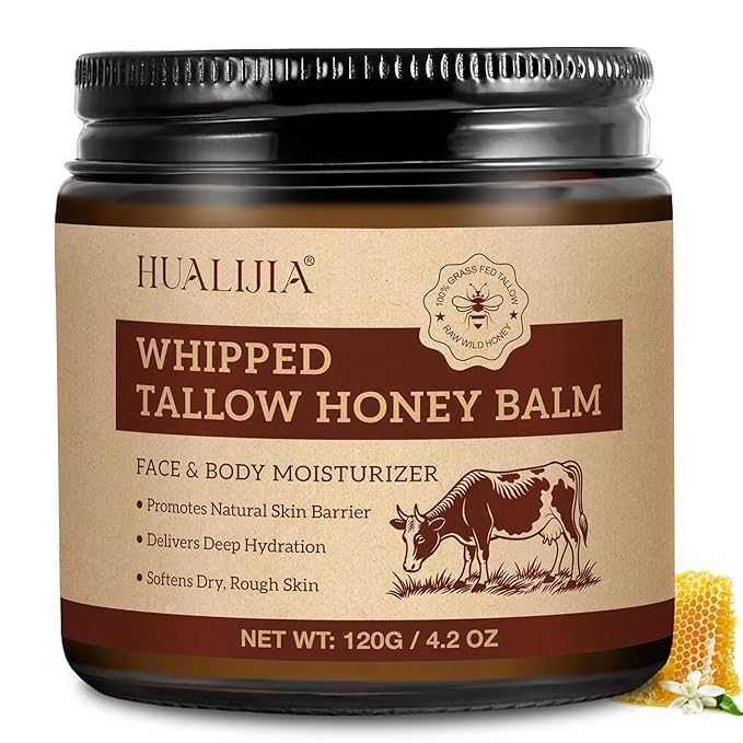 Organic Beef Tallow for Skin, Tallow and Honey Balm (4.2 Oz), Tallow Face Moisturizer, Grass Fed Whipped Beef Tallow with Honey Beeswax - Deeply Hydrates and Moisturizes Face Body, Unscent, No Greasy