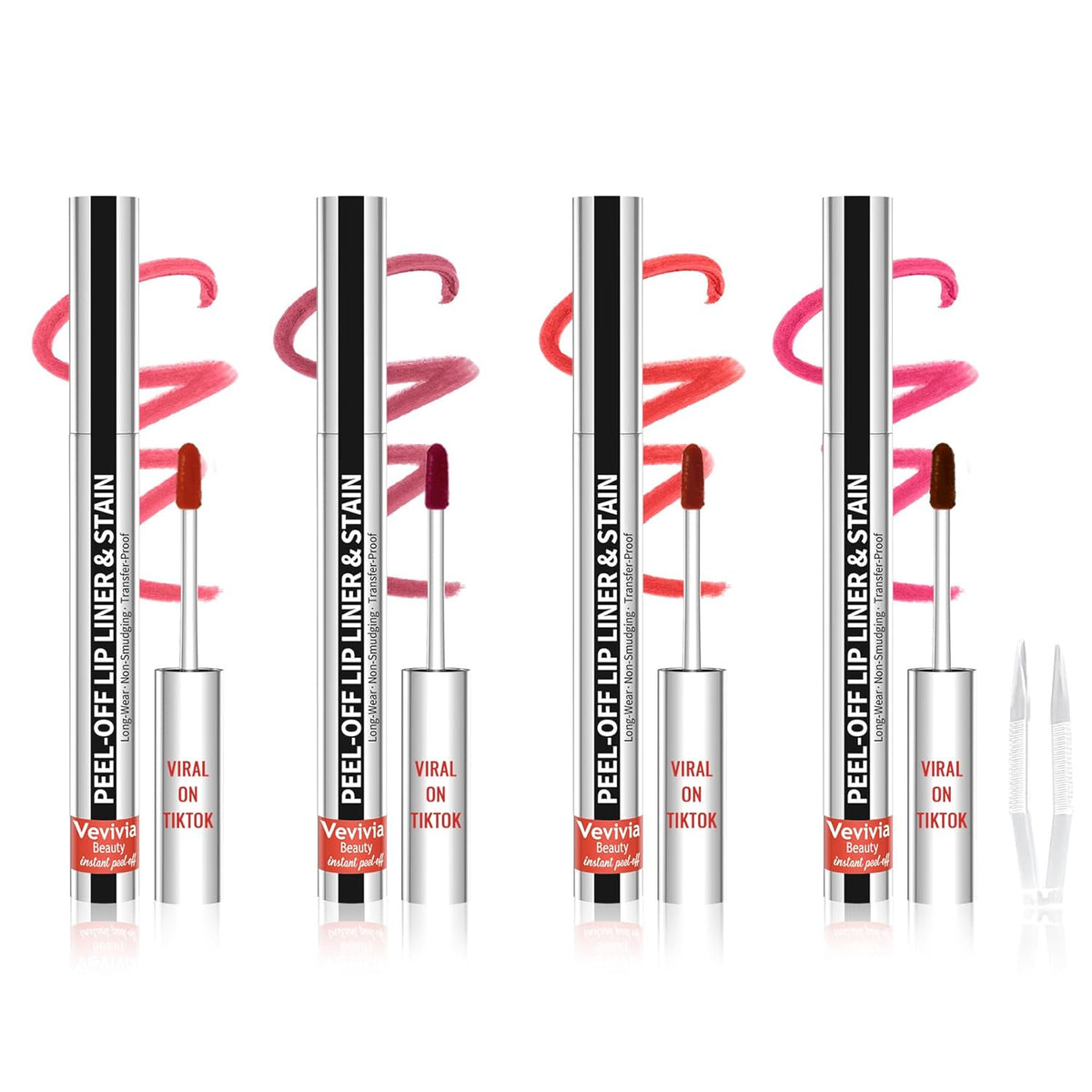 4pcs Lip Stain Peel Off - Lip Liner Stain Long Lasting Waterproof with Tweezer,2-in-1 Lip Liner Matte,Natural Finish,Non-Stick Cup,Stay On All Day,Perfect for Gift(Cocoa+Rose+Nude+Mauve)