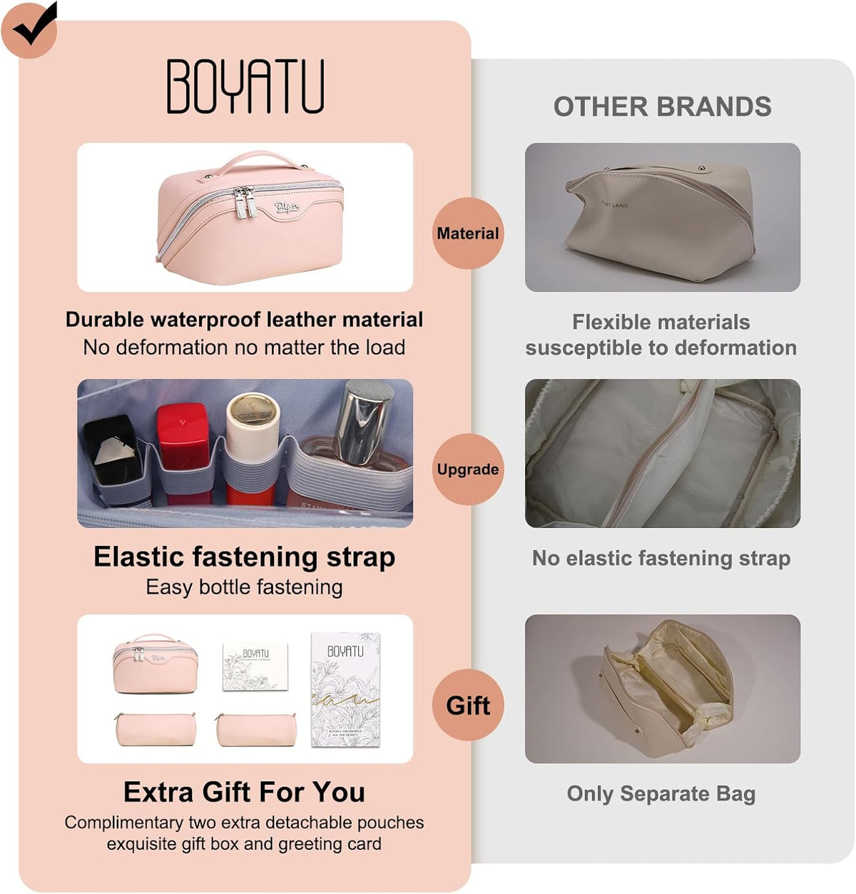BOYATU Travel Makeup Bags for Women: Vegan Leather Cosmetic Bag Set of 3 - Large Capacity Make up Bag with Divider - Wide Open Waterproof Toiletry Organizer Bag with Handle (05-Pink)