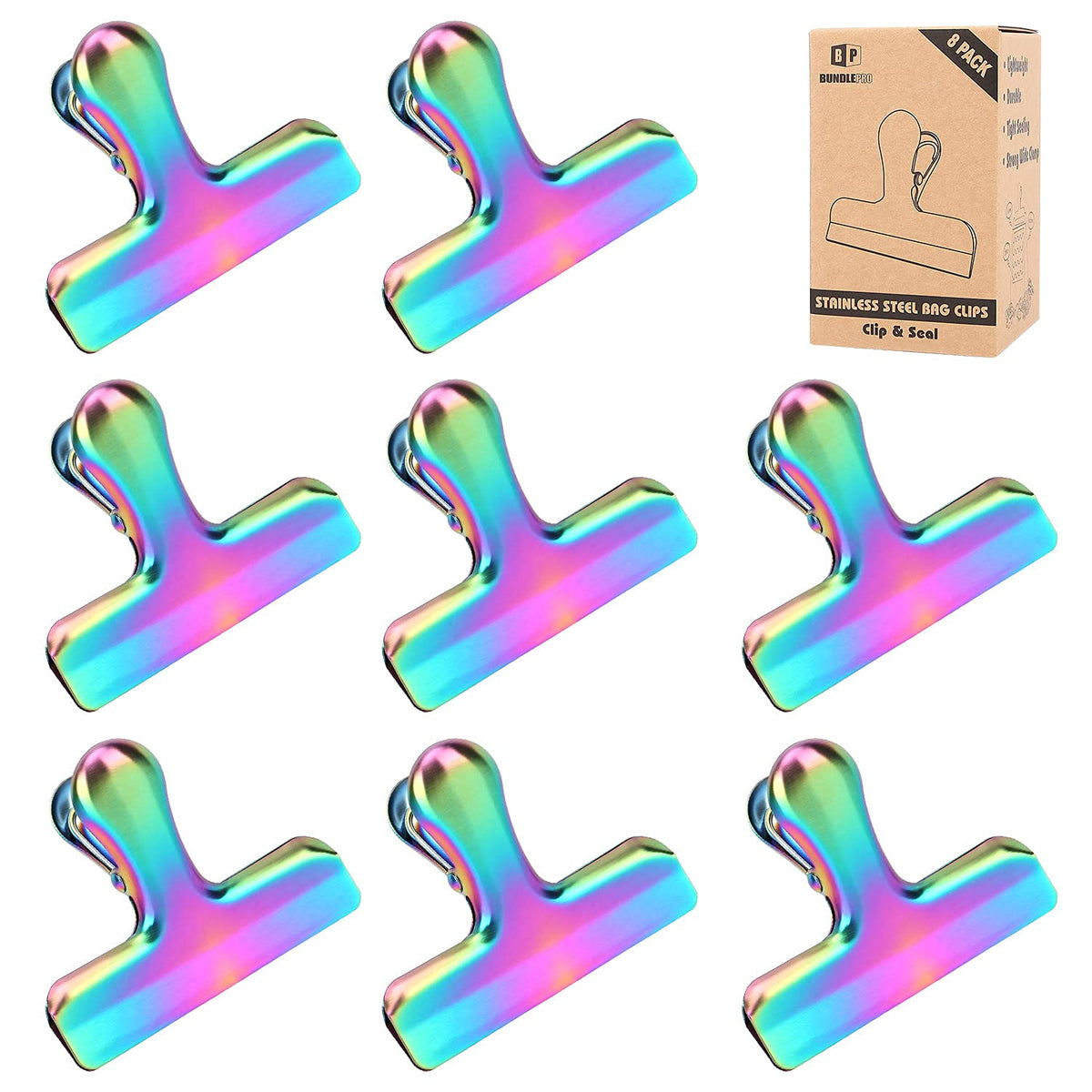 Pack of 8 Bag Clips, Stainless Steel and Heavy Duty Metal Bag Clip,Tightly Seals Chip, Coffee, Bread or Cereal Bags to Keep Food Fresh, for Home, Kitchen, Office, Pantry, Camping (Rainbow)