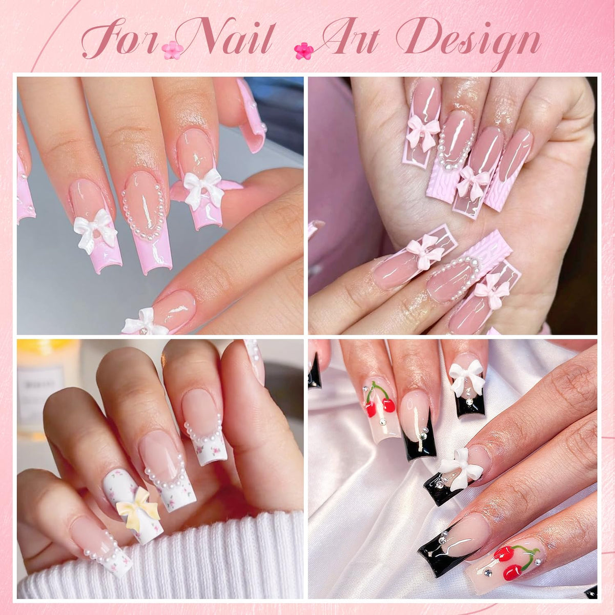 3D Nail Charms and Gems Set 5, 75PCS Chunky Coquette Pink and White Bow Nail Charms + Kawaii Cute 3D Flowers for Nails + Clear and AB Glass Rhinestones + Flatback Pearls for Y2K Acrylic Nail Design