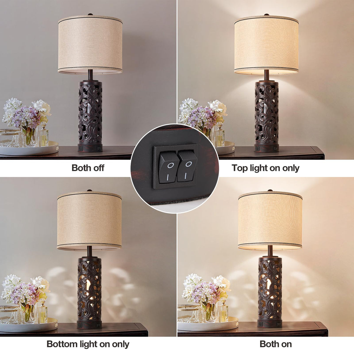 AIDENOEY Set of 2 Table Lamps with Night Light, 28" Farmhouse Table Lamp with USB A+C Ports,Brown Ceramic Bedside Lamp with Fabric Shade for Living Room,Bedroom,Home,Office(2 Bulbs Included)