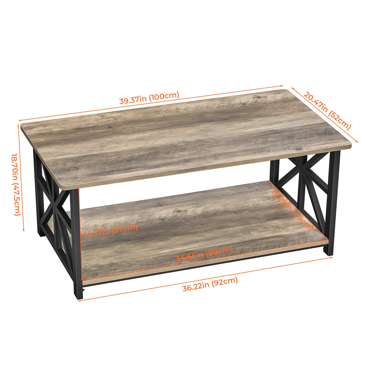 GreenForest Coffee Table for Living Room with Round Corners Farmhouse Style Center Table with Storage Shelf 39 Inch Space Saving Easy Assembly Gray Wash