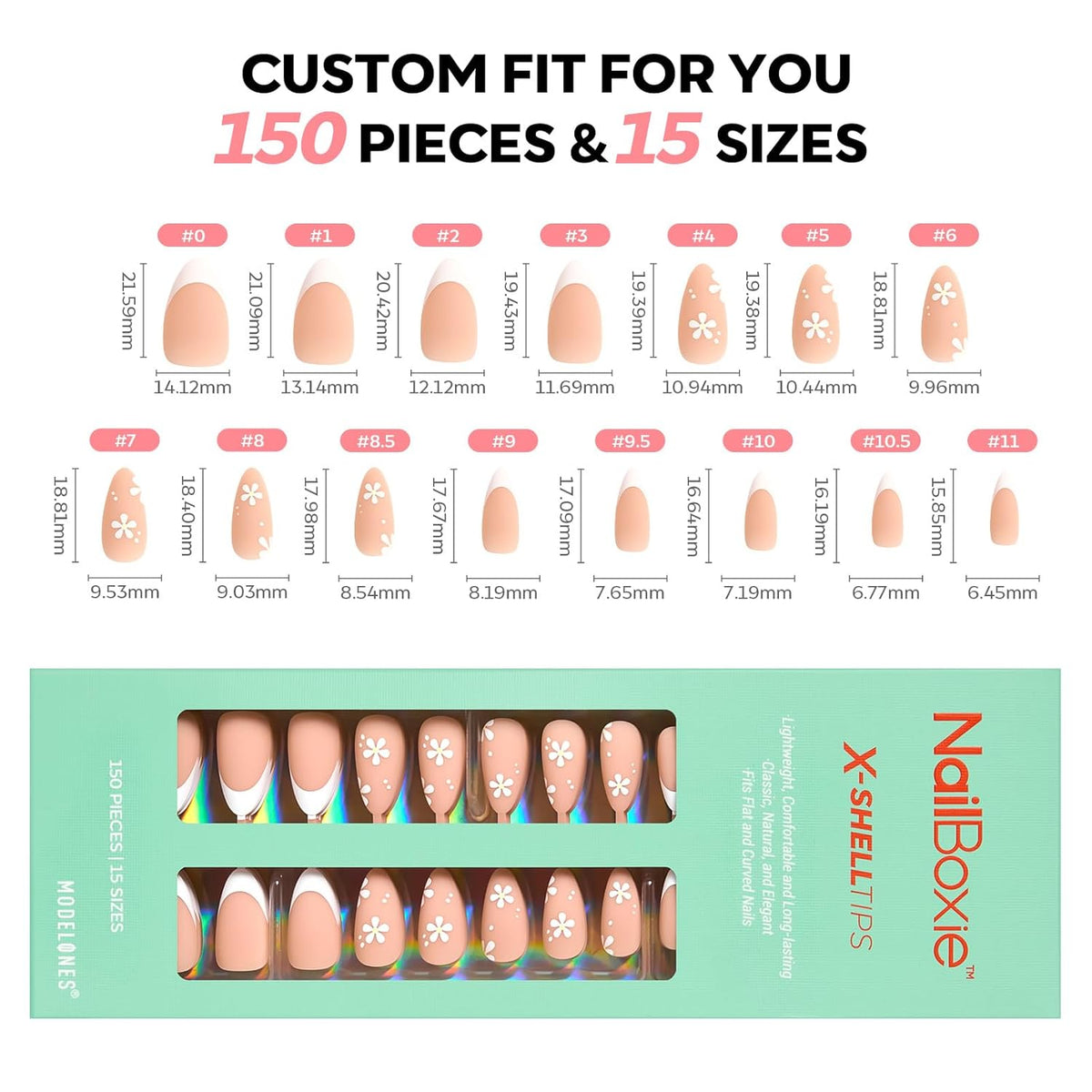modelones Press on Nails, 150 Pcs French Tip Press on Nails, NailBoxie Brown Almond Shape Nail Tips, Natural Salon Finish Fake Nails, Ideal for Wedding, Party, Daily DIY Nail, 15 Sizes