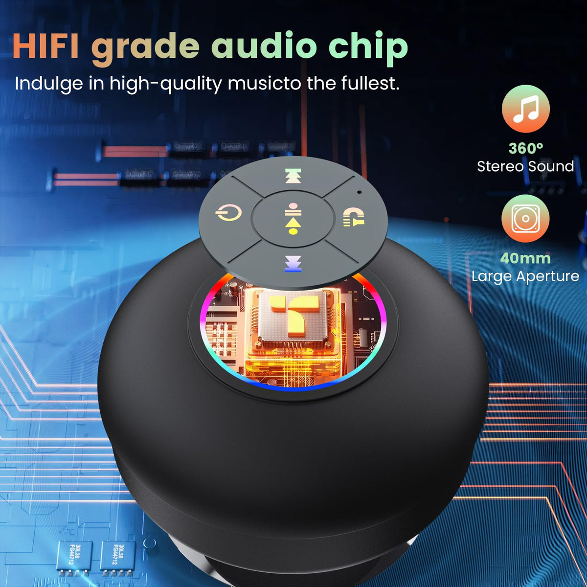 Large Suction Cup Waterproof Bluetooth Speaker LED Light Light Waterproof Bathroom Bluetooth Speaker (Black)