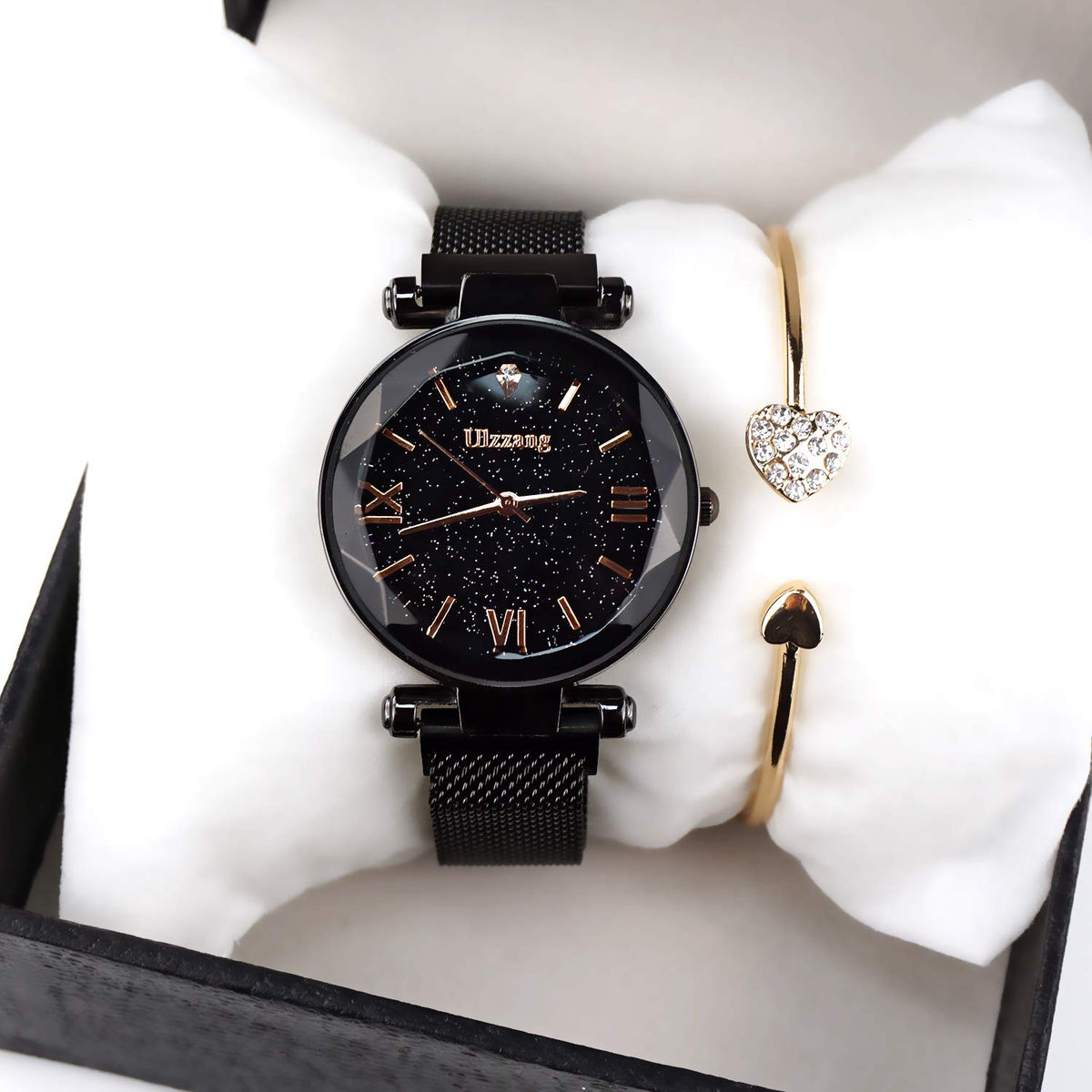 FUNGORGT Fashion Black Ladies Watch Magnetic Mesh Band Starry Sky Dial Analogue Quartz Wrist Watch for-Valentine's Day Gifts