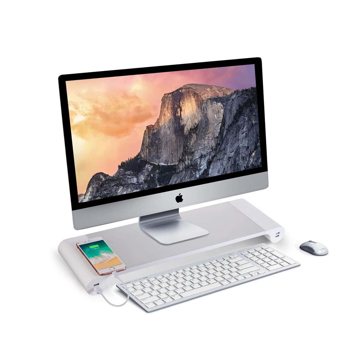 PG Desktop monitor stand with 4 USB charging ports - Convenient keyboard organiser and monitor raising stand for laptops, TVs, printers, fax machines and computers - Convenient desktop organiser