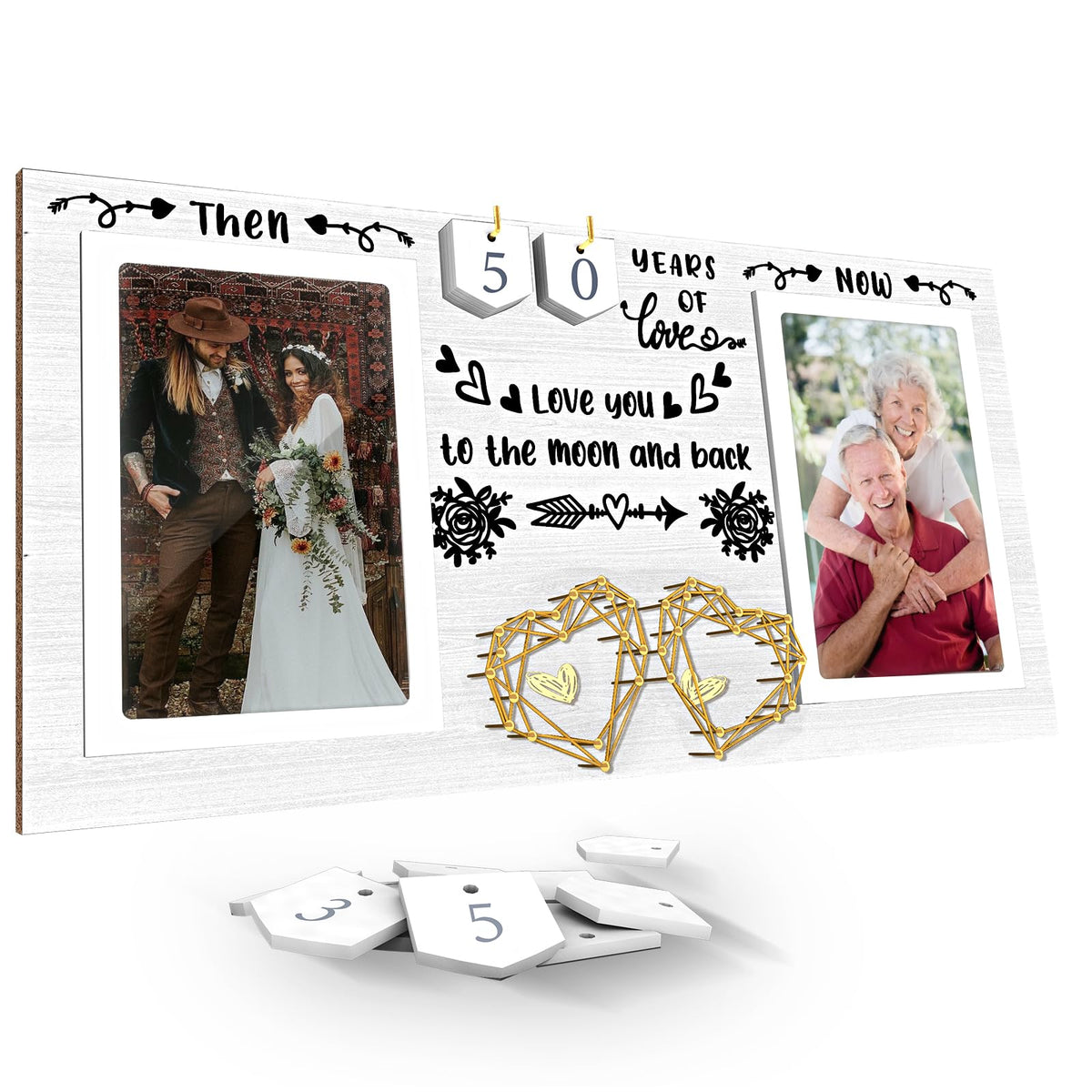 Then & Now Anniversary Picture Frame - 1-99 Years Anniversary Wedding Gift for Couple, Engagement Bridal Shower Gifts for Couples Wood Photo Frame Holds 2 4x6 Inches Photos