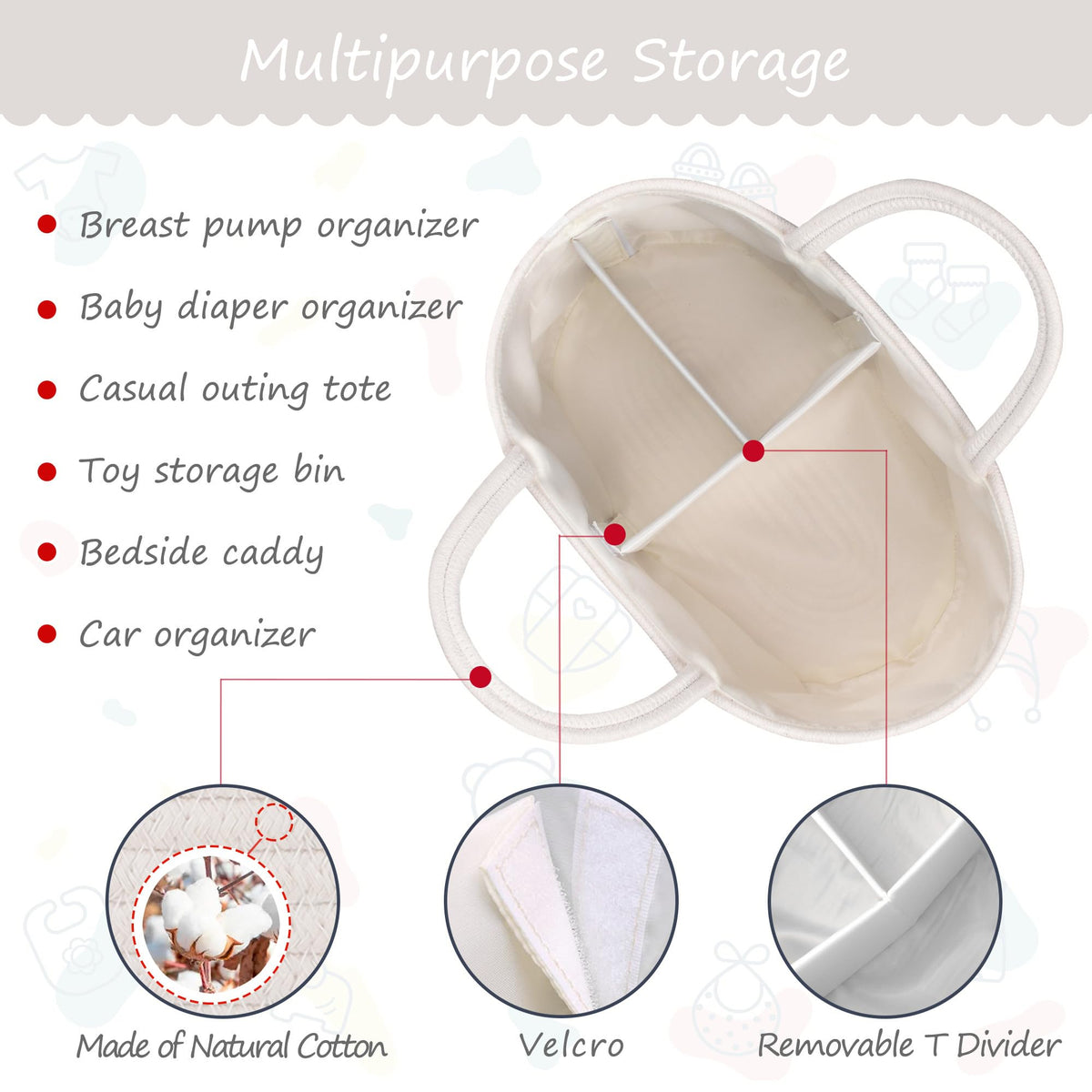 COMSE Baby Diaper Caddy Organizer, Car Caddy, Diaper Change Organizer, Gift Baskets Empty, Portable Tote Bag with Divider, Baby Shower Gifts Newborn Essentials Registry Must Have, White