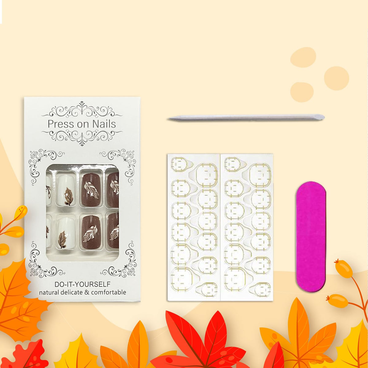 Fall Maple Leaf Press on Nails Medium Square Thanksgiving Fake Nails Glossy Maple Leaves Acrylic Glue on Nail Autumn Artificial Stick on Nail for Women