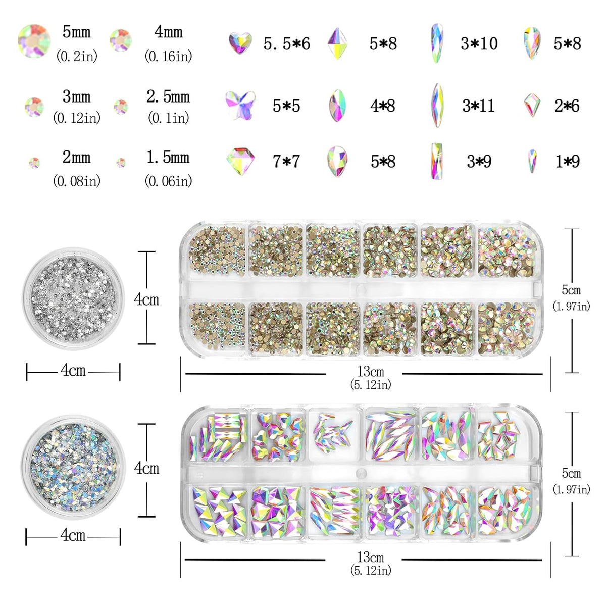 Nail Art Rhinestones Flatback Rhinestones Nail Charms Fine Glitter Supplies Mixed AB Crystals Gems Glitter Powder Luxury Design Jewelry Accessories for Women Manicure Decorations.