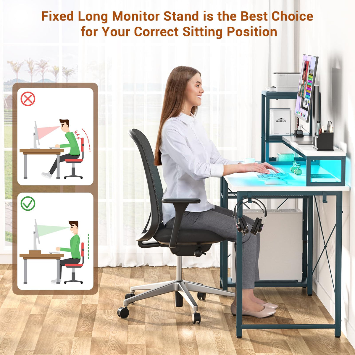 armocity 2024 Upgrade Gaming Desk with LED Lights, Computer Desk with Long Monitor Stand, 40'' Reversible Laptop Table with Shelves, Small Desk for Small Spaces, Gaming Room, White and Blue