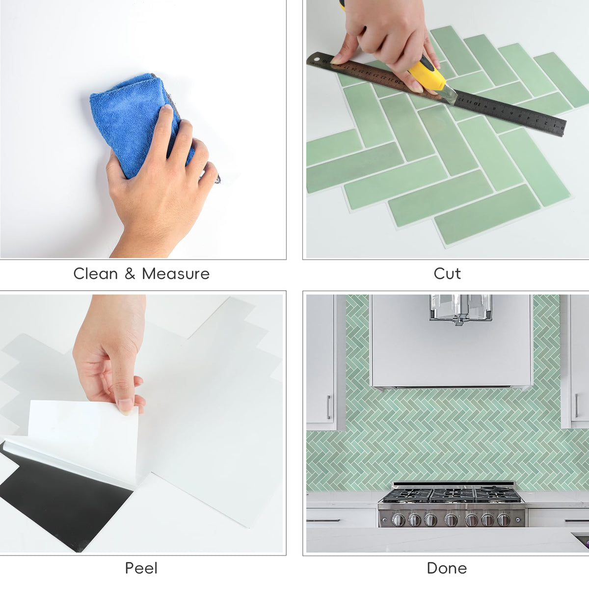 LUXDEKO 10-Sheet Herringbone Peel and Stick Backsplash, Sage Green Chevron Self Adhesive Glossy Tiles Renter Friendly Backsplash Stick on Wall Tile for Kitchen and Bathroom（12"x12"）