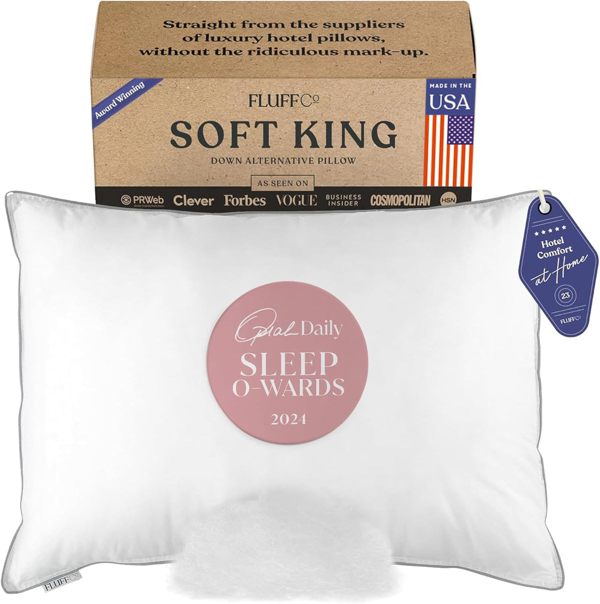 FluffCo Zen Fluff Pillows - Down Alternative King Size Pillow - Bed Pillow for Sleeping Made in USA - Luxury Hotel-Quality Pillow - 100% Cotton, 300 Thread Count (King Size Soft 1 Pack)