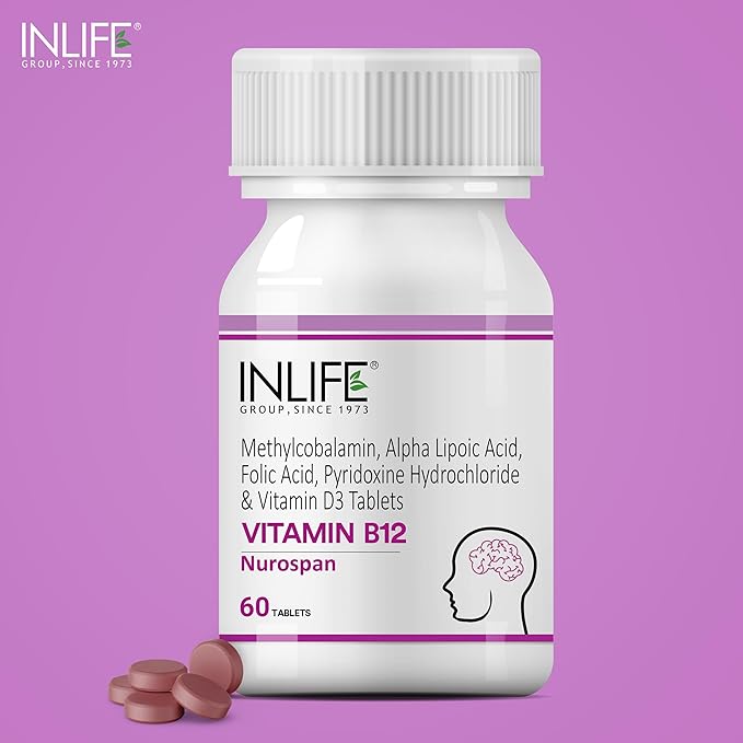 Nurospan Brain Vitamins B12 Methylcobalamin 1500mcg, ALA (Alpha Lipoic Acid), Folic Acid & Vitamin D3 for Energy | Vegetarian Brain Supplements for Memory and Focus | GMP Tested - (60 Count)