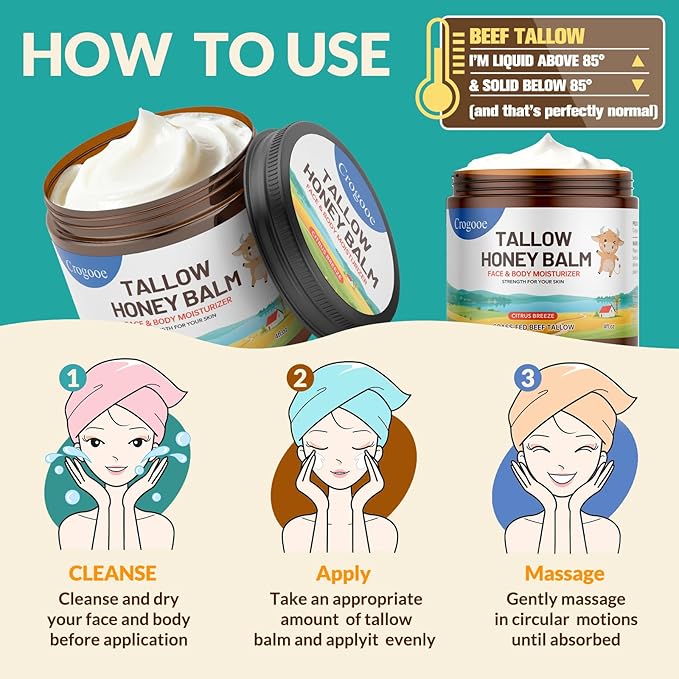 Beef Talow for Skin -100% Grass Fed - Whipped Tallow and Honey Balm for Face & Body Moisturizer -Natural Formula for Dry,Sensitive Skin,Eczema- 4 oz (Citrus Breeze)