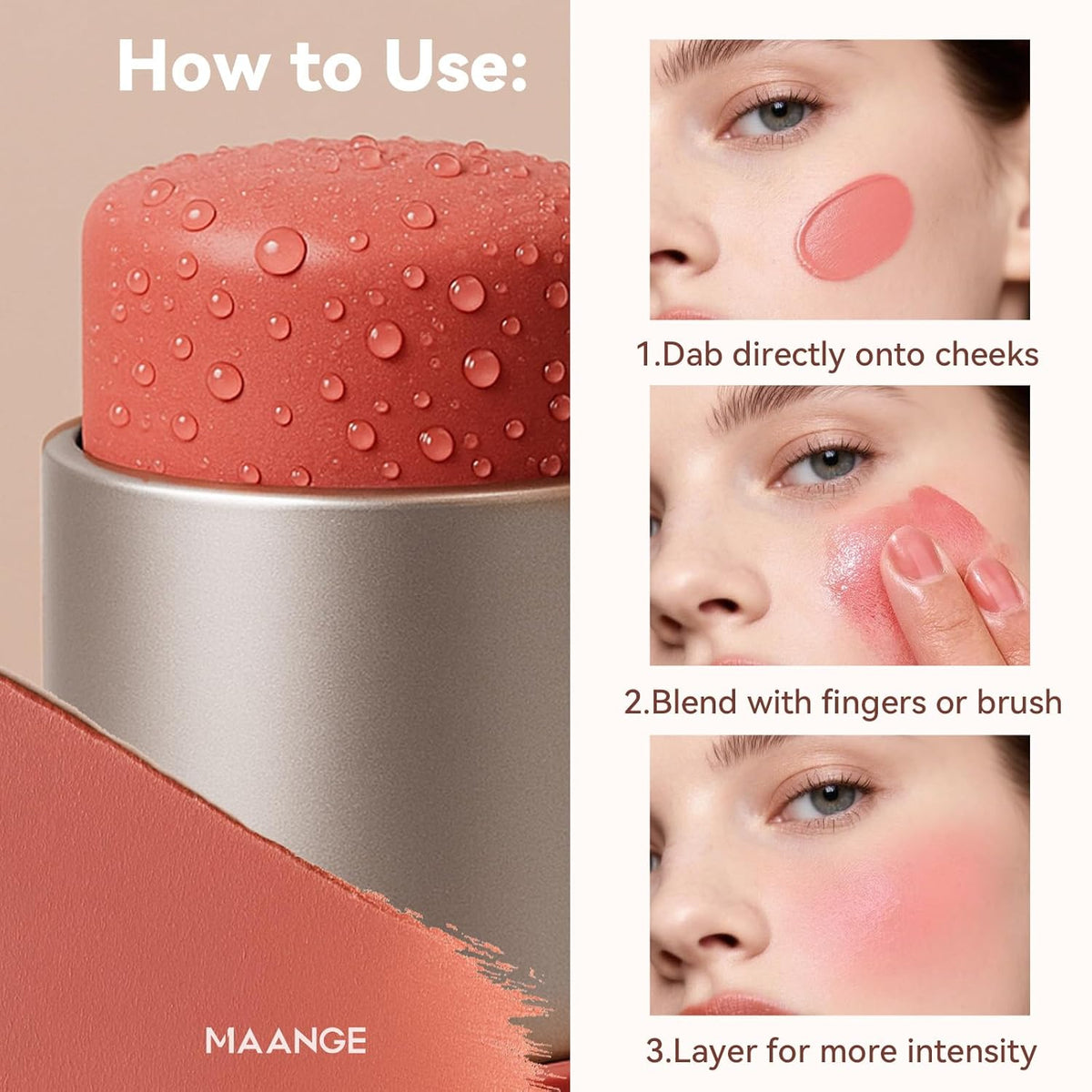 MAANGE Multi-Use Blush Stick, All-in-One Cream Blush for Cheeks, Eyes & Lips Long-Wearing, Blendable Makeup Blush Stick, Creamy & Buildable (O102+R301)