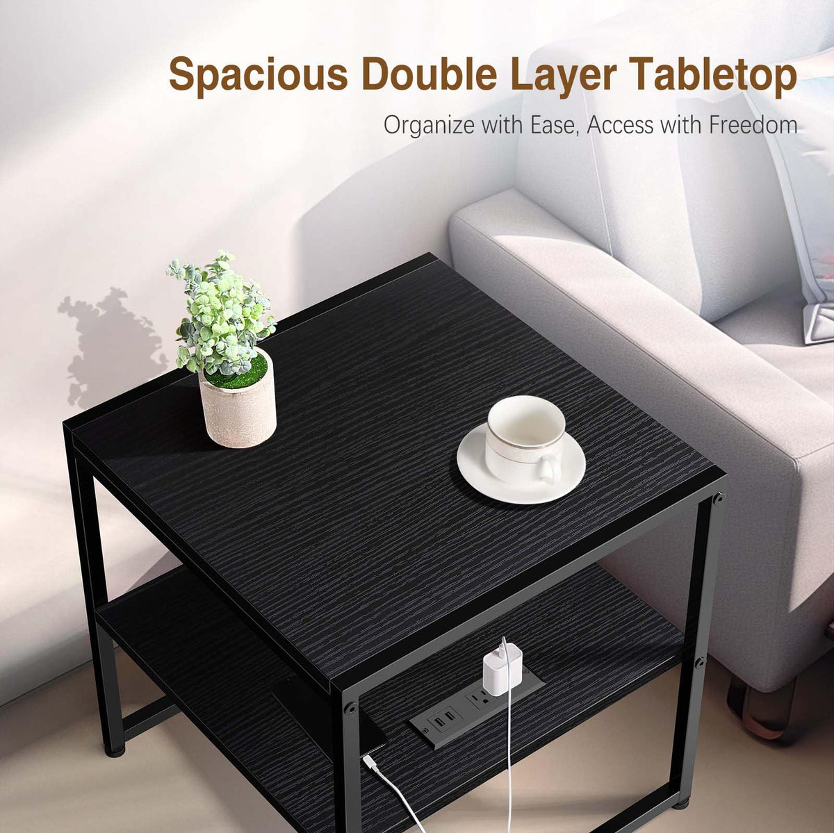 Tatub 20" End Table with Charging Station, Industrial Square Side Table with USB Ports & Outlets, Versatile 2-Tier Small Nightstand for Bedroom Living Room, Black