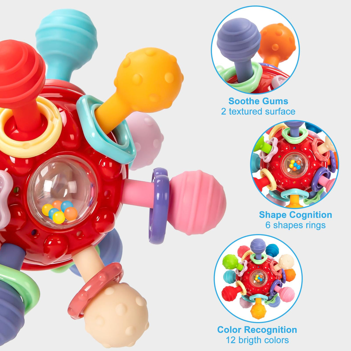 Baby Teething Toys, Baby Teethers Montessori Sensory Toys for 0-6 6-12 Months, Gifts for 1 Year Old Boys Girls Infant Newborn 0 3 6 9 12 18 Months Toys- Red