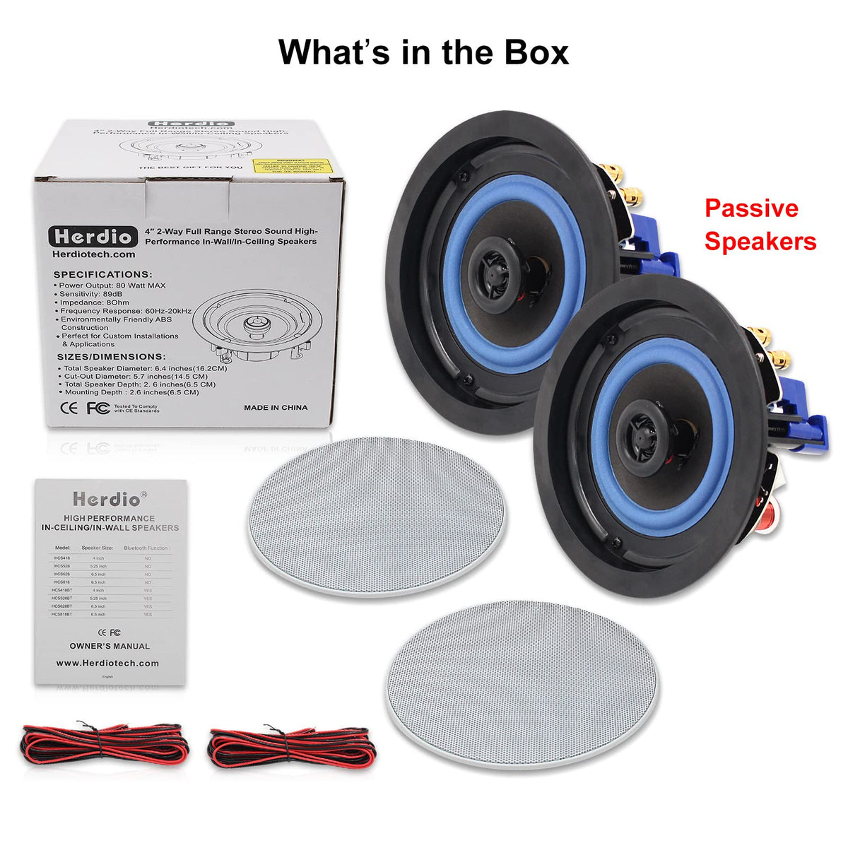 Herdio 4” HCS418 160 Watts 2 Way Flush Mount in Ceiling in Wall Passive Speakers Great for Bathroom, Kitchen,Living Room,Office(A Pair)