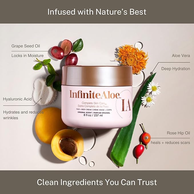 InfiniteAloe Complete Skin Care, Aloe Vera Powered Face and Body Cream for All Skin Types, Dry Skin Everyday Hero, Original Scent - 2 Large Jar 8 oz & 2 Travel Jar 0.5 oz