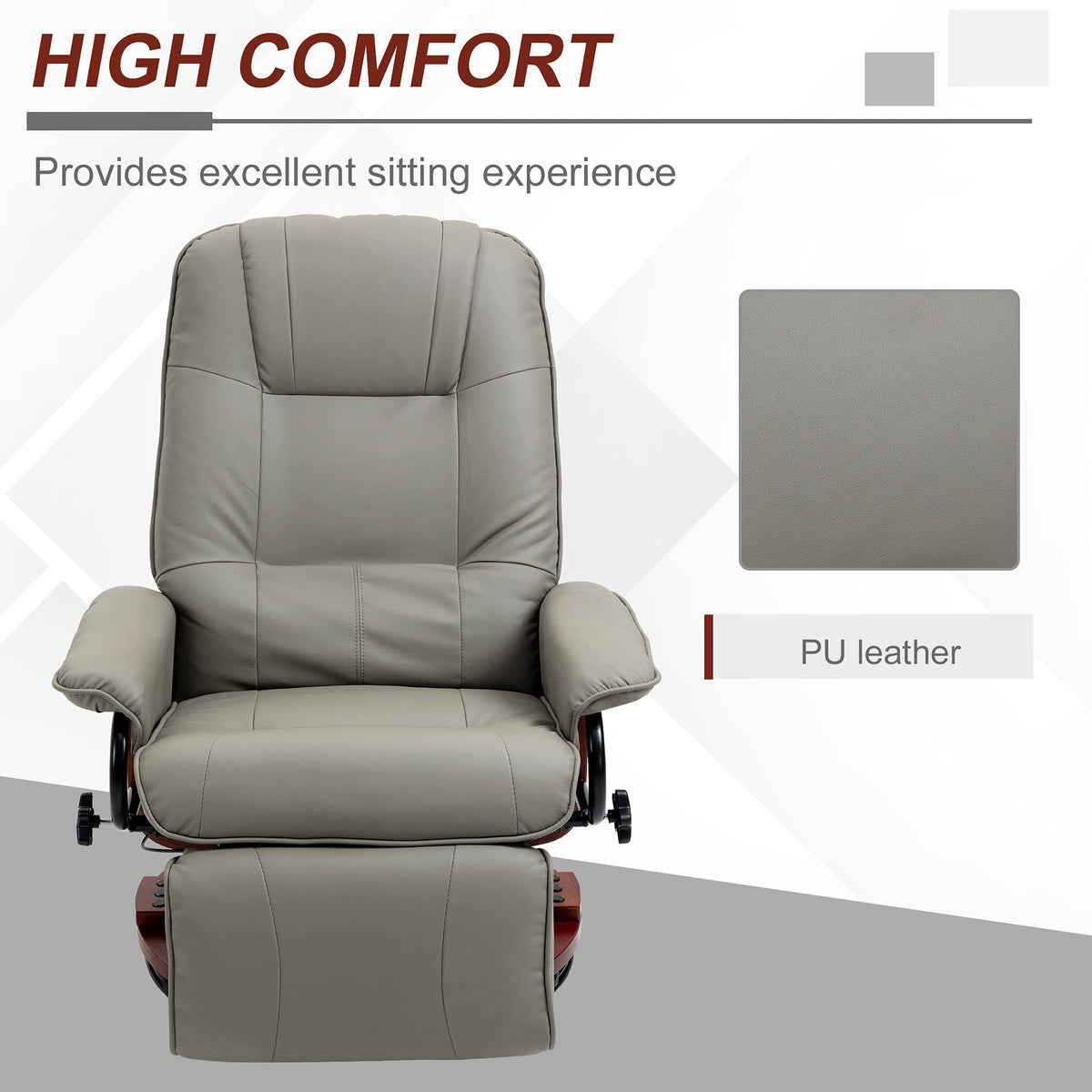HOMCOM Faux Leather Manual Recliner, Adjustable Swivel Lounge Chair with Footrest, Armrest and Wrapped Wood Base for Living Room, Gray