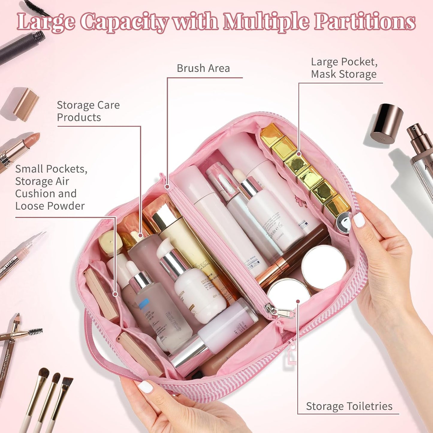 Travel Makeup Bag for Women, 2Pcs Portable Personalized Initial Makeup Organizer Bag, Open Flat Large Cosmetic Bag With Travel Essential Pouch (Pink Letter K)