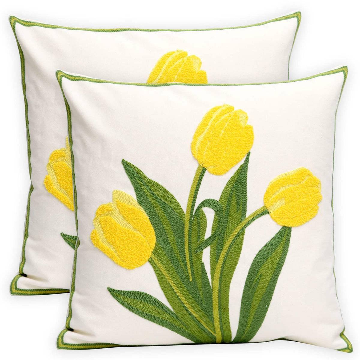 Pilmandu Pack of 2 Embroidered Decorative Throw Pillow Cover 18x18 Inch Farmhouse Floral Pillowcase for Living Room Sofa Bed (Yellow Tulip)