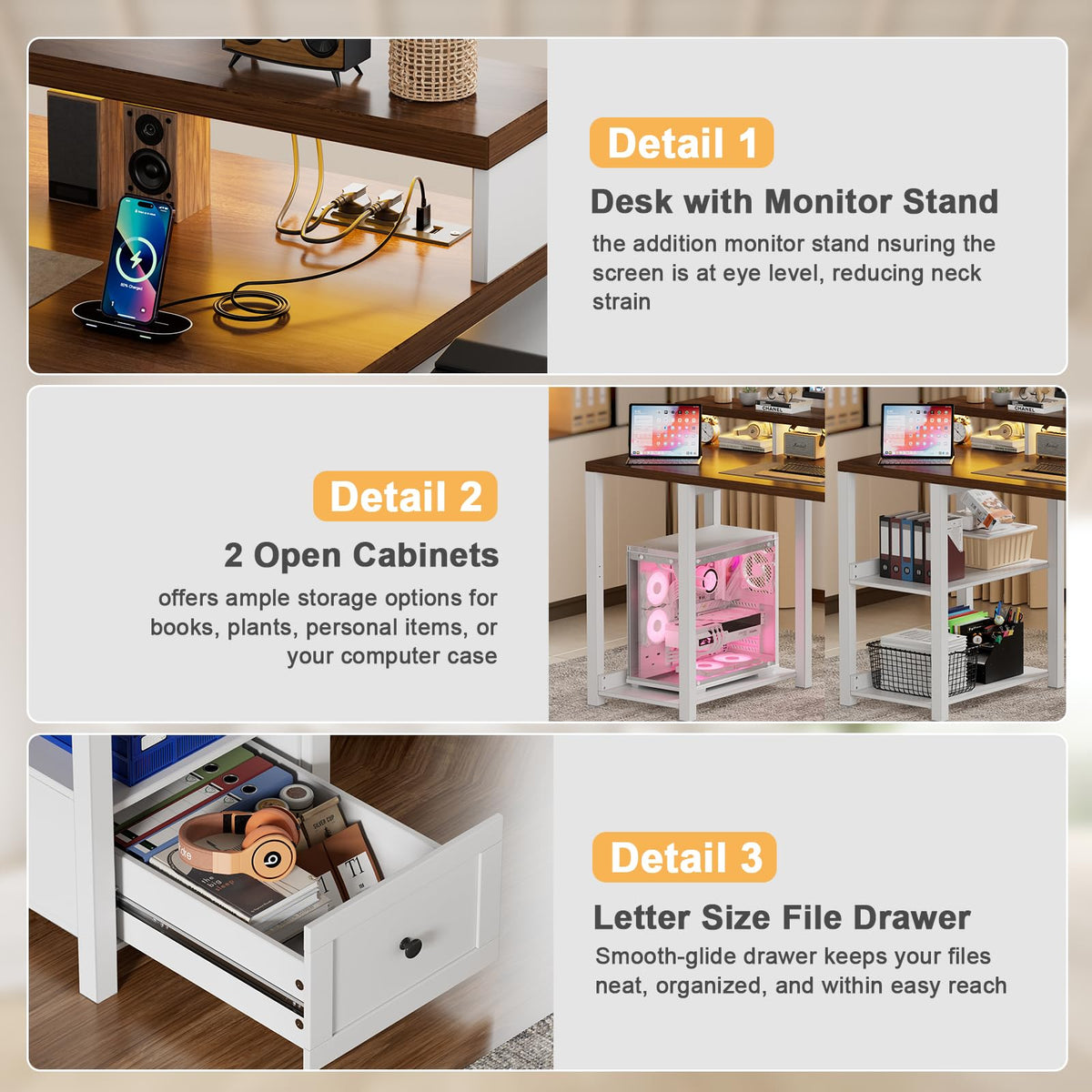 White Farmhouse Office Desk with Drawer & Power Outlets, Wood Computer Desk Monitor Stand for Bedchamber Study, Home Office Table with LED Strip for Working Writing Gamin