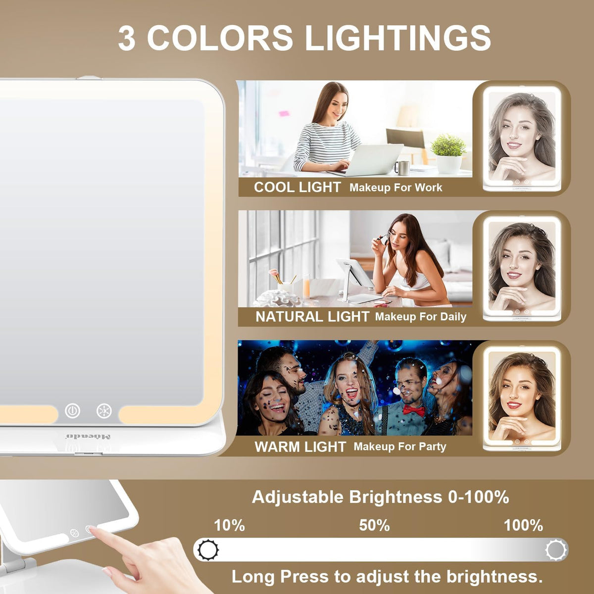 Mocado Travel Makeup Mirror with Light - 7x5 Inches Tripple Folding Travel Mirror with Light, 3 Colors Lighted Makeup Mirror, Portable Makeup Mirror, Freely Adjust Height and Angle(White)