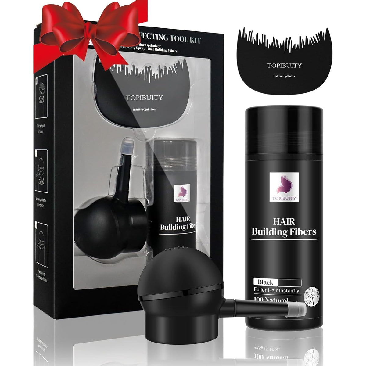 Hair Thickening Fibers & Applicator Set - Natural Long-Lasting Concealer for Fuller Hair, Thicker Beard & Crisp Hairlines (BLACK)