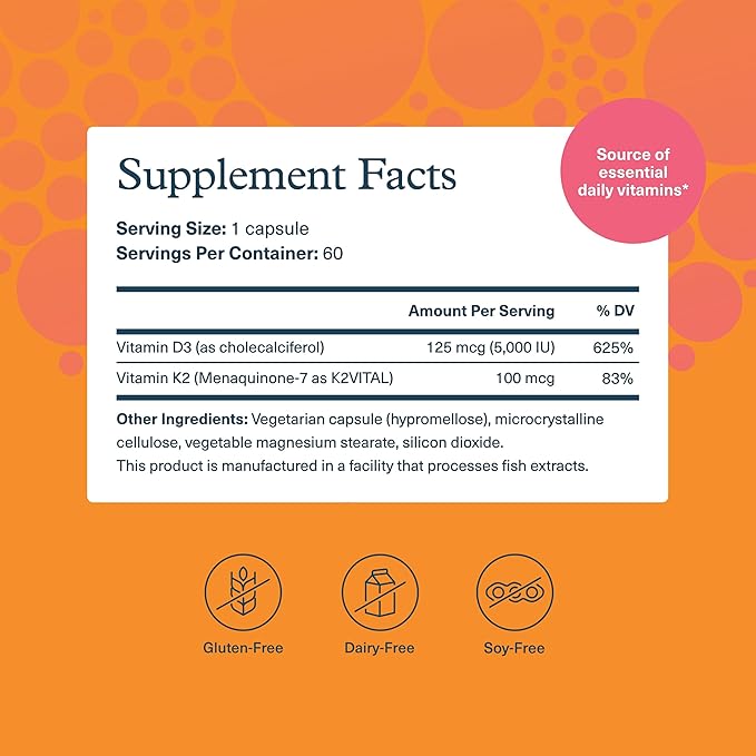 Youtheory K2D3 - Bone & Heart Health Support* - Combines Vitamin D3 & Vitamin K2 - Dairy, Soy & Gluten Free - 60 Vegetarian Capsules