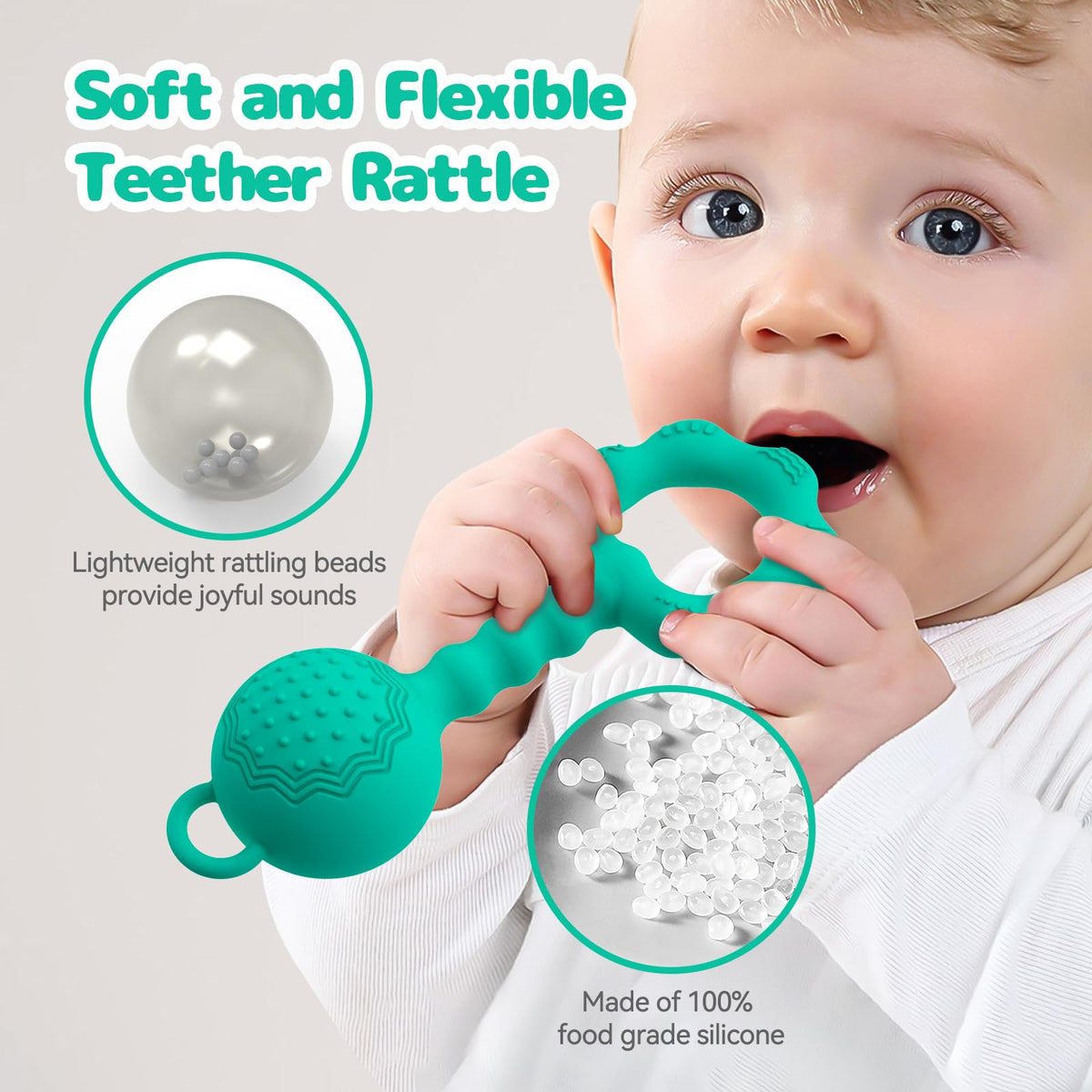 Teething Toys for Babies 0-6 Months, Baby Rattles 6 to 12 Months, 2-in-1 Rattle and Teether Toy for Soothing Sore Gums and Keeps Little Ones Entertained, Food Grade Silicone, Spearmint