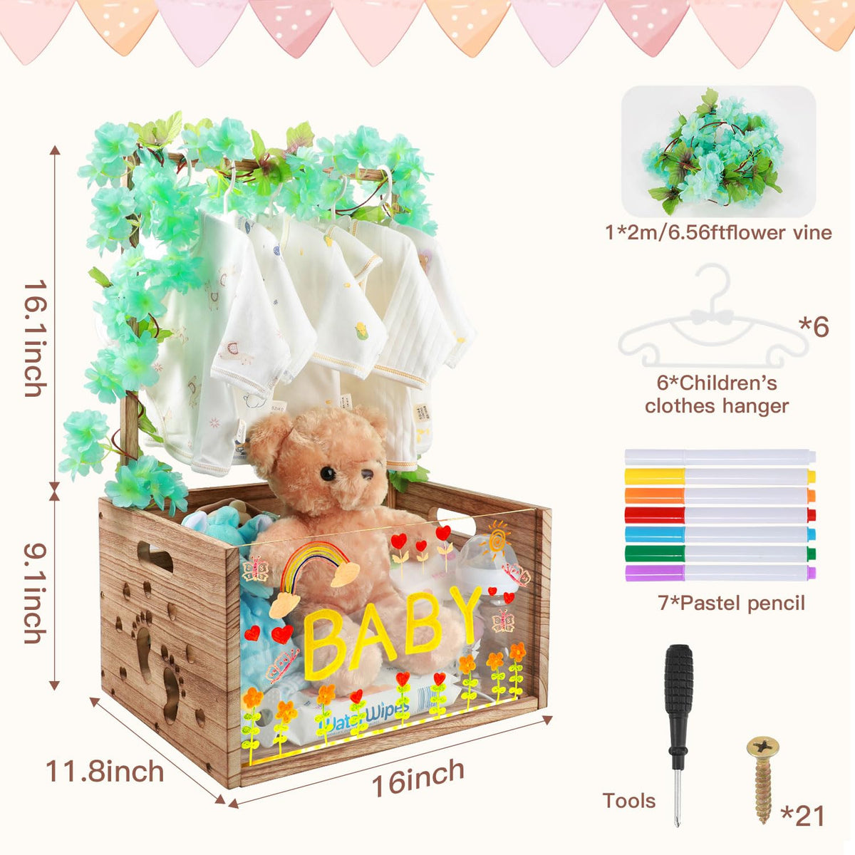 taessv Baby Shower Crate Closet Wooden Baby Shower Basket for Newborn Boys Girls Distinctive Baby Storage Basket with Light Up Welcome Baby Gift for New Parents (Brown)