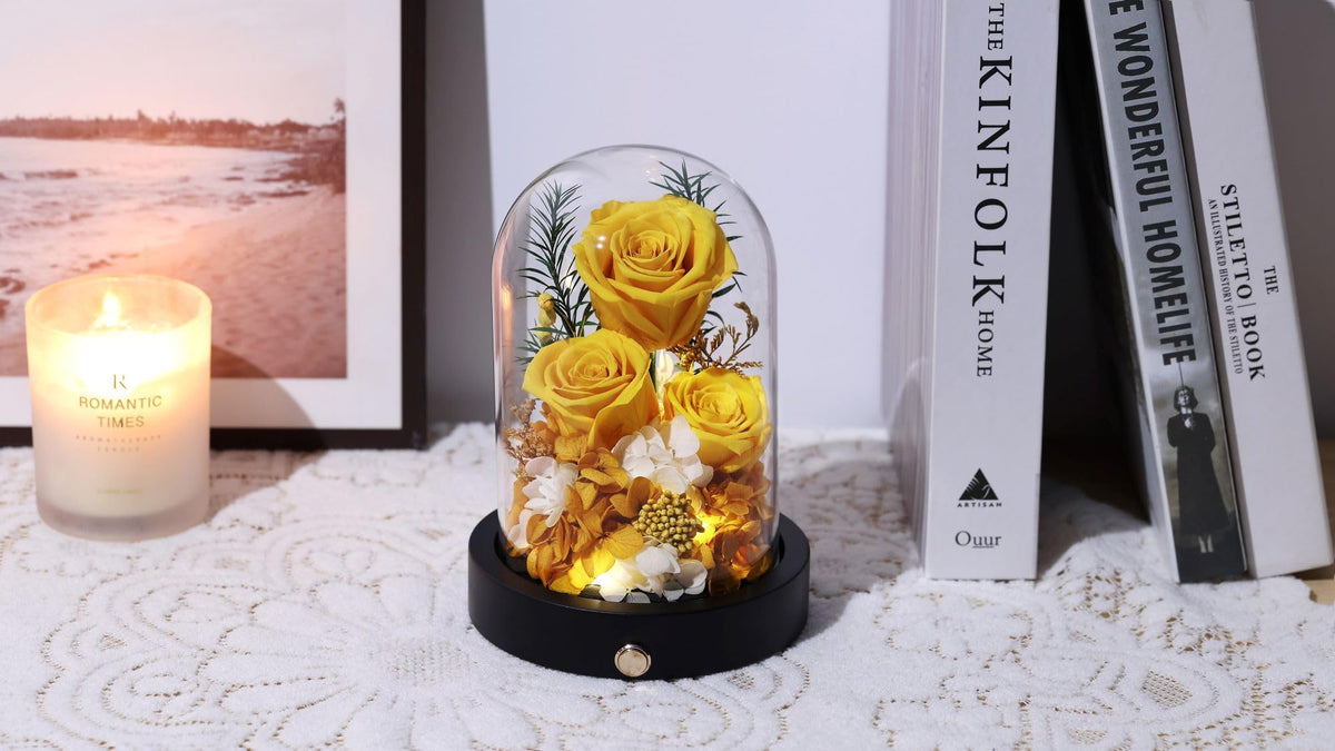 Pinnetetti Flowers for Delivery, 3 Yellow Forever Roses in Glass Dome with LED, Preserved Real Rose, Valentines Day Anniversary Birthday Mothers Day Flower Gifts for Mom Her Women Wife Mother