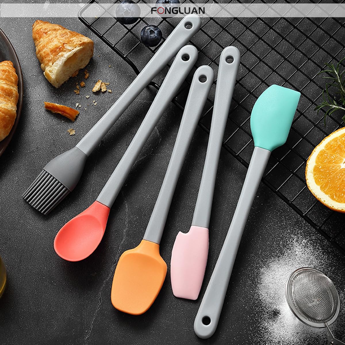 FONGLUAN Mini Silicone Spatula Set of 5 - Heat Resistant & Nonstick Rubber Spatulas - Dishwasher Safe Kitchen Utensils for Cooking, Baking, Mixing