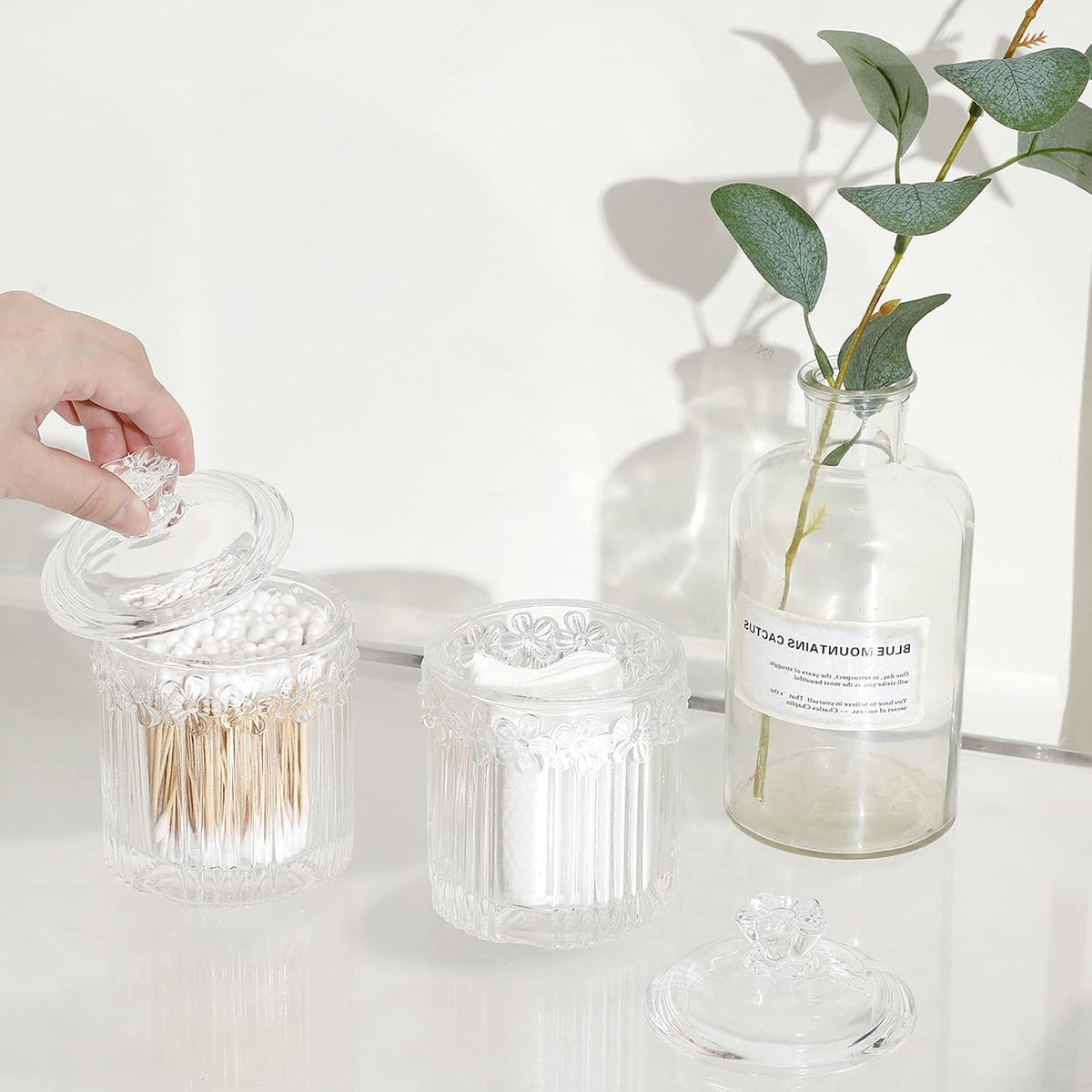 2 Pack Qtip Holder Glass Apothecary Jars with Lids Bathroom Accessories Vanity Organizers and Makeup Storage Canister for Cotton Swabs, Balls, Pads, Floss Picks, Candy, Clear