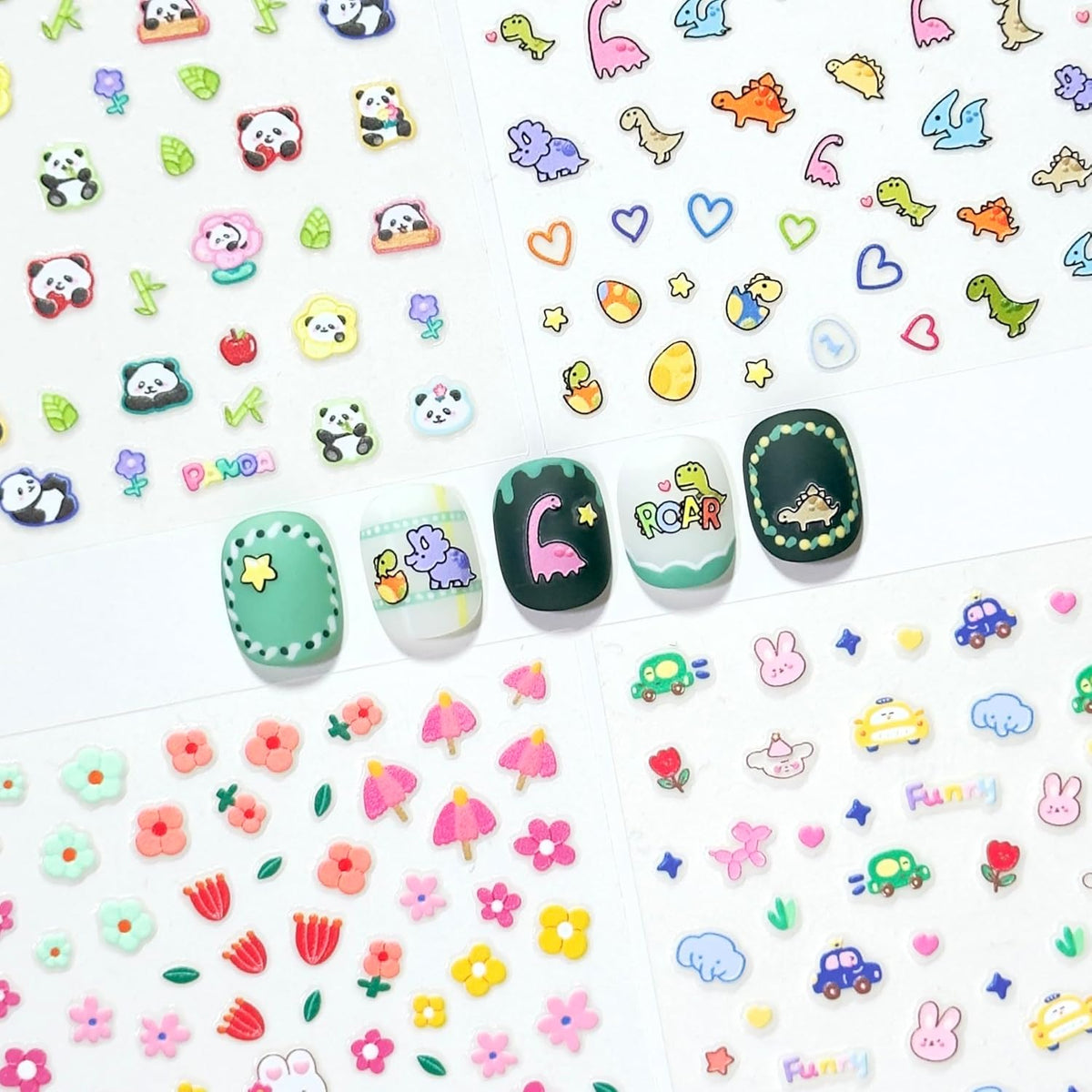 4 Sheets of 3D Nail Stickers - 292 Cute Nail Decals - Embossed Nail Stickers for Kids | Kawaii Theme - Flowers, Hearts, Bunny, Panda, Dinosaurs | Glow in The Dark