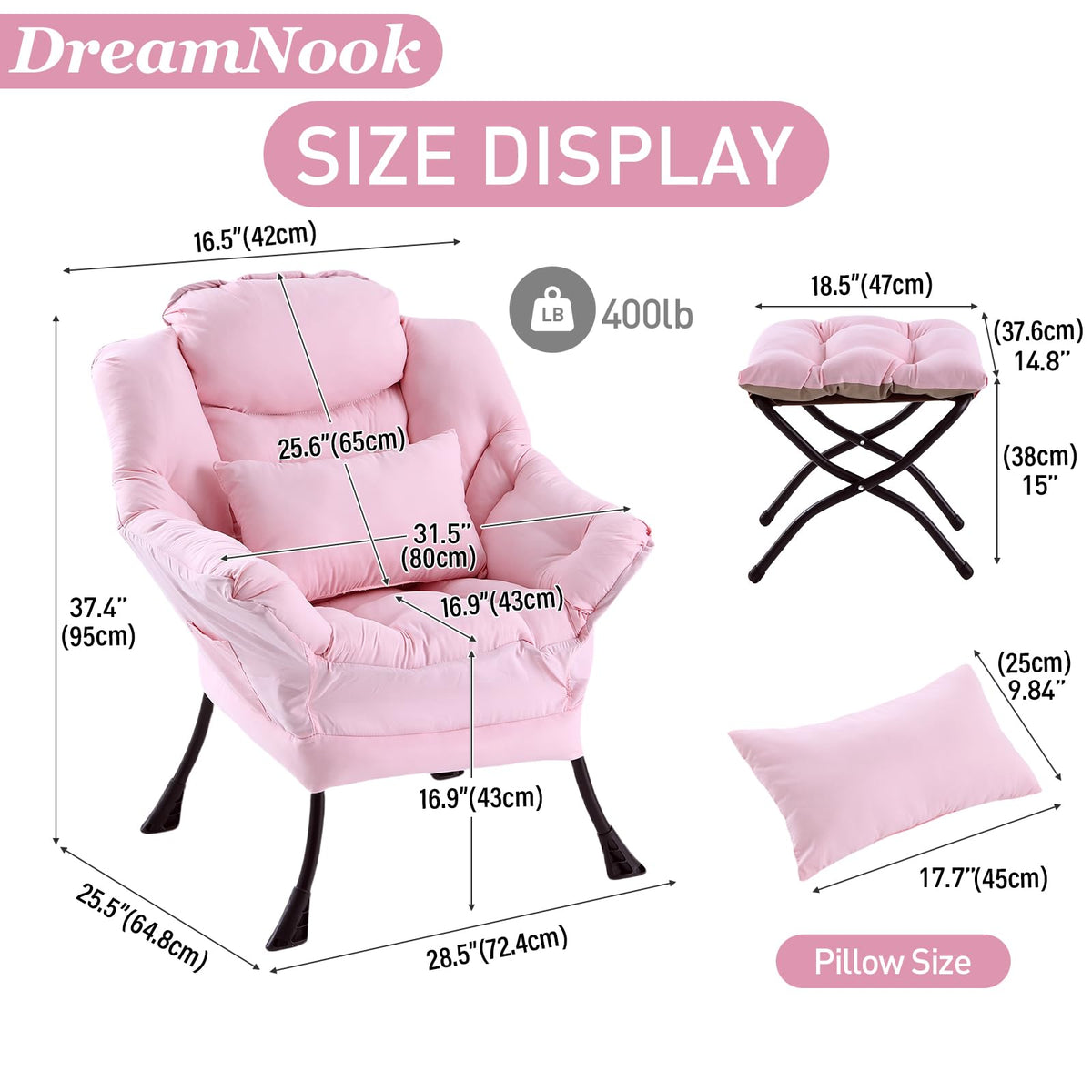 DreamNook Lazy Chair with Ottoman, Modern Accent Chair with Lumbar Pillow, Comfy Chairs with Folding Footrest for Bedroom, Reading, Oversized Supportive Lounge Chairs(Pink)