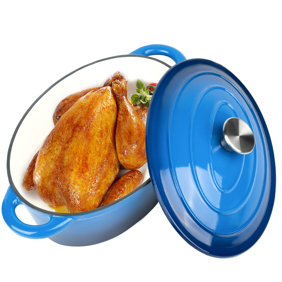 Kerilyn 4.5 Quart Enameled Oval Dutch Oven Pot with Lid and Dual Handles, Cast Iron Dutch Oven for Cooking, Bread Baking, Non-stick Enamel Coated Cookware (Blue)