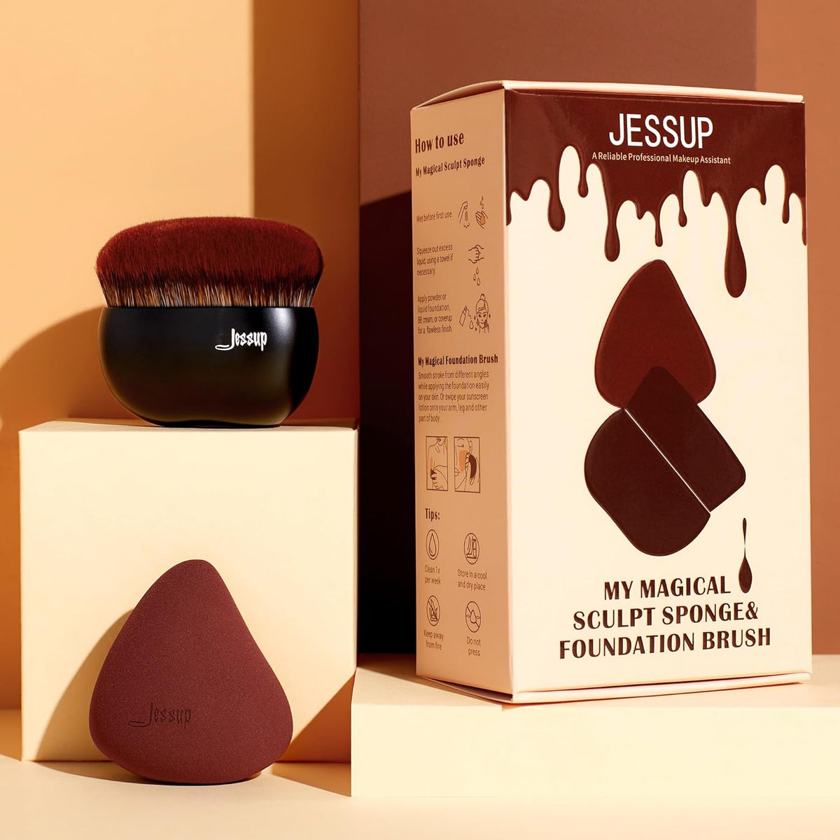 Jessup Foundation Brush with Makeup Sponge, Black Makeup Brush Flat Top Kabuki Brush for Liquid Blending Stippling, T881